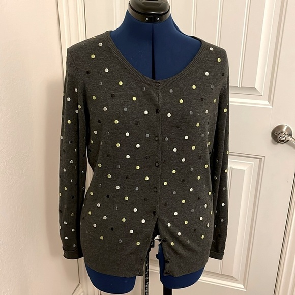 CHRISTINA women Size M Polkadot Long Sleeve Cardigan Embroidered Gray Lime Green - Picture 1 of 11